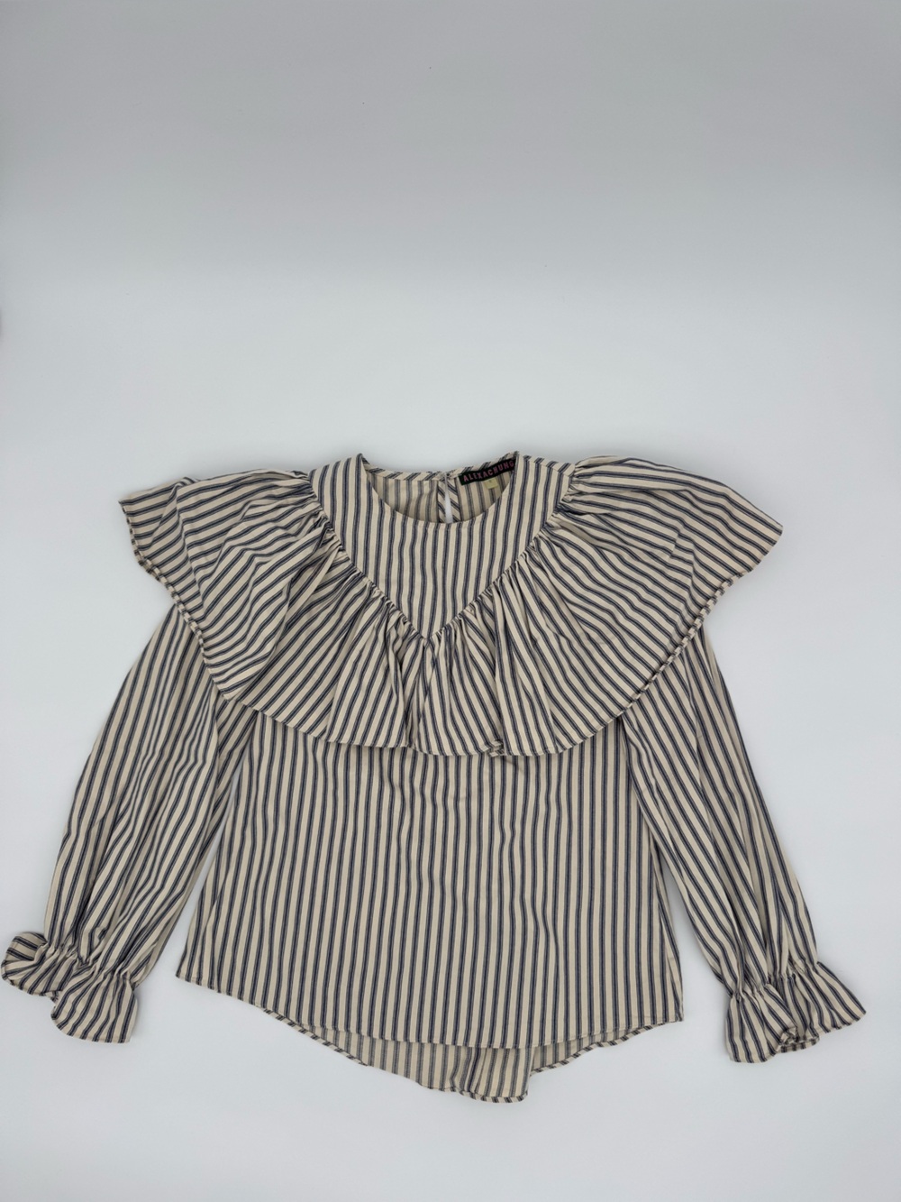 Striped Ruffle-Detail Long Sleeve Top - Beige/Navy